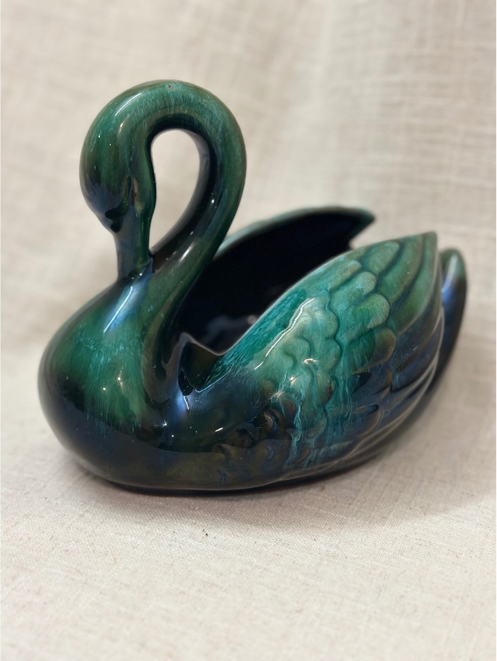 Vintage Blue Mountain Pottery 6" Large Swan Planter Canada Green Drip Glaze #1